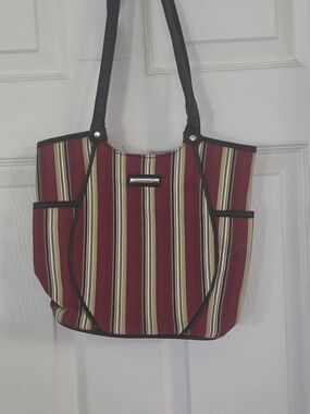 LONGENBERER Striped Burgundy Tote Bag with Black Trim - LIKE NEW